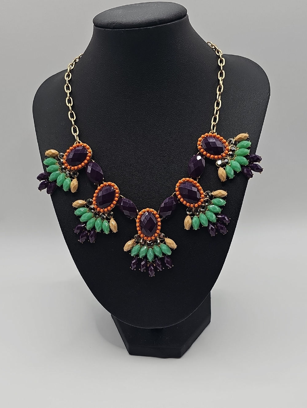 Green & Purple Statement Bib Necklace with Orange Accents